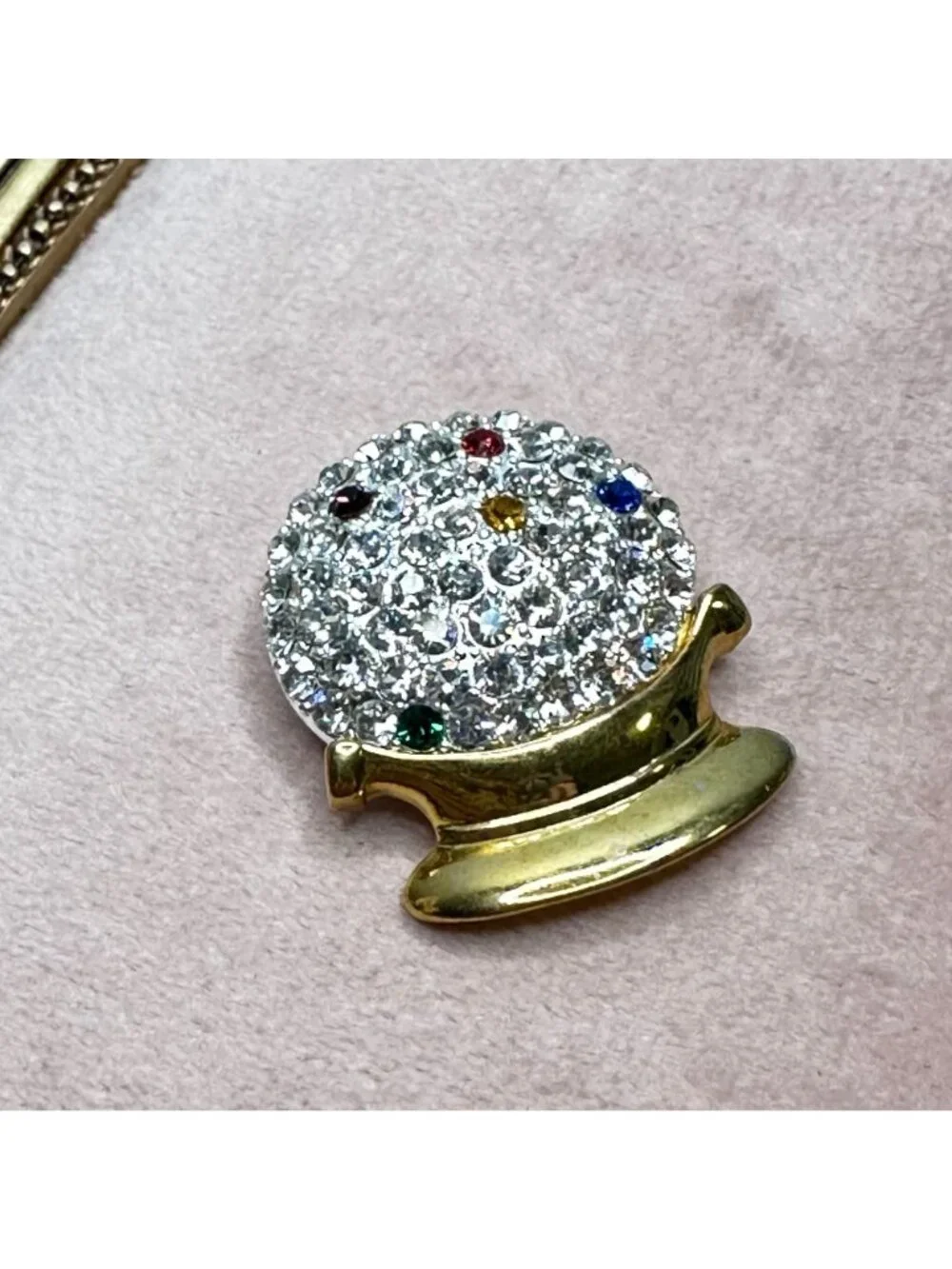 Crystal Ball Brooch W/ Gold Tone Base & Multicolor Pave Crystals Fortune Teller
